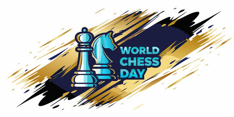Chess knight illustration with brushstroke background in gold and teal © ShambhuNath