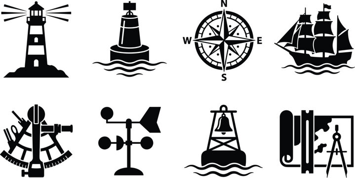 Nautical navigation equipment icon set featuring lighthouse compass sailing ship buoy and sextant