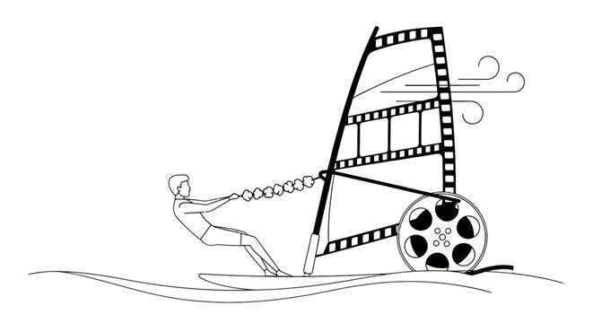 Illustrated windsurfer with film reel and movie strip design.