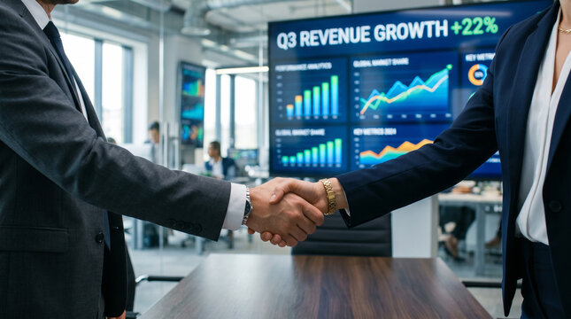 A business handshake in front of a screen displaying financial charts and data. The screen shows Q3 REVENUE GROWTH +22%