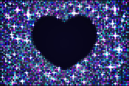 Sparkling heart-shaped copyspace surrounded by holographic sequins in blue, purple and teal, festive glitter background for celebration
