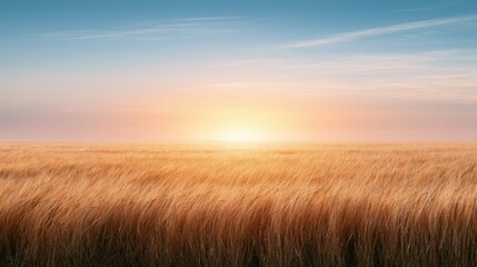 Obraz premium farming african. Golden wheat field under a clear blue sky at sunrise, with soft sunlight illuminating the landscape and creating a serene atmosphere in the agricultural setting of Africa