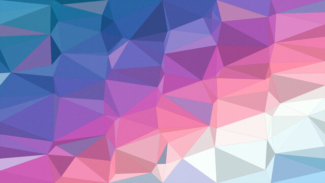 Abstract low-poly geometric pattern with faceted polygons in pink, purple, blue and white, creating a modern, energetic backdrop with copy space for design layouts.