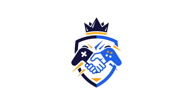 Esports gaming shield logo with crown and handshake