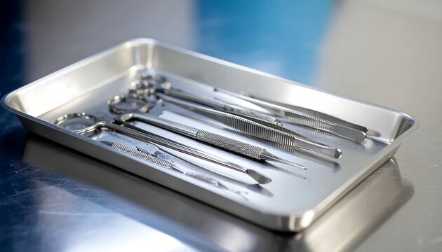 Sterile surgical instruments on a metal tray for medical use