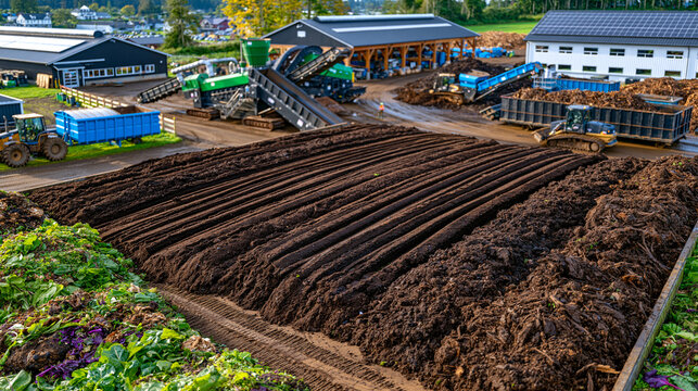 Aerial view of a commercial composting facility with neatly arranged organic compost windrows, industrial equipment and processing areas transforming biodegradable waste into high quality fertilizer