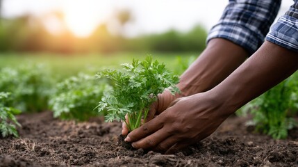 Fototapeta premium farming african. African farmer planting young carrot seedling in fertile soil, hands gently nurturing the plant while surrounded by lush green crops under a bright sunlit sky in a rural 