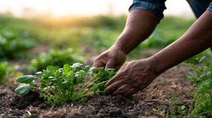 Fototapeta premium farming african. African farmer tending to young green vegetable plants in rich soil under warm sunlight, showcasing hands carefully nurturing crops in a vibrant agricultural field