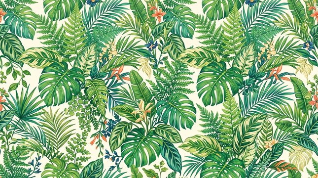 Bright botanical seamless pattern with overlay bunch of fern tropical leaves. Trendy exotic plants floral print for textile, wrapping paper, surface, wallpaper, background 