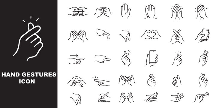 People hand gestures outline vector collection. handshake icon set, thumbs down icon set, pointing icon set