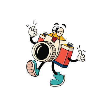 Happy Camera Mascot Waving and Giving Thumbs Up Cartoon Character