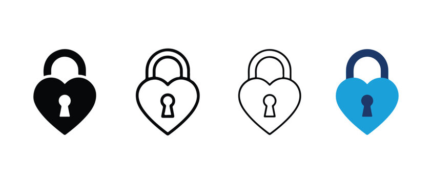 heartshaped padlock icons with different colors and styles isolated on transparent background