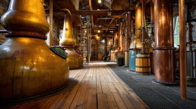Inside traditional whiskey distillery with copper stills