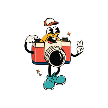 Friendly Camera Mascot Wearing Cap and Showing Peace Sign