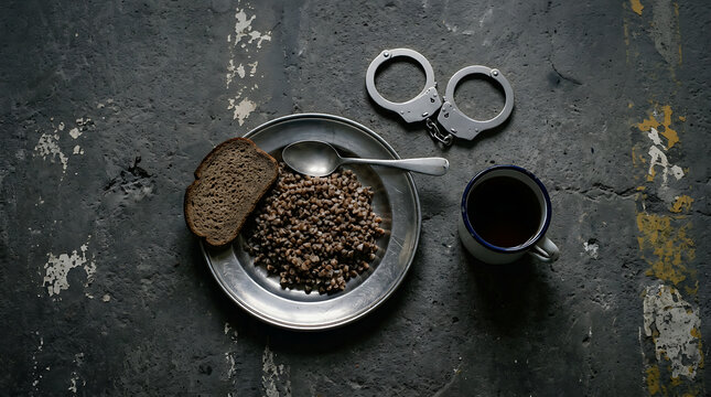 Prison food ration with buckwheat porridge, bread, and handcuffs on concrete floor