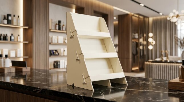 Elegant retail display stand mockup in a luxury boutique setting perfect for cosmetics or fragrances