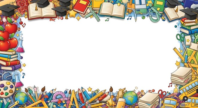 Decorative education-themed border with books, apples, pencils, globe, bus, and mortarboards