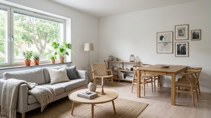 Fototapeta premium A cozy, minimalist living room with a wooden coffee table, a white couch, and a wooden dining table. The room has a light-colored floor and a large window with plants outside.