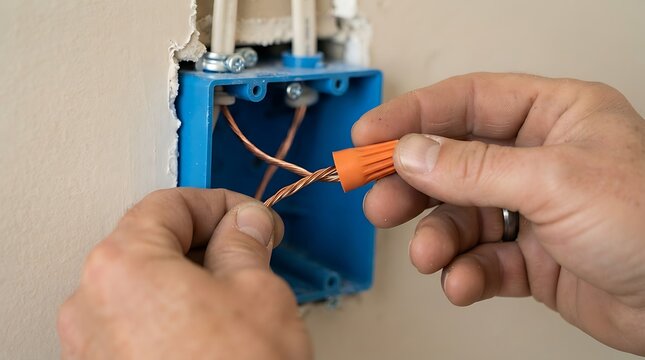 Electrician hands installing orange wire connector on copper electrical wires inside a wall box