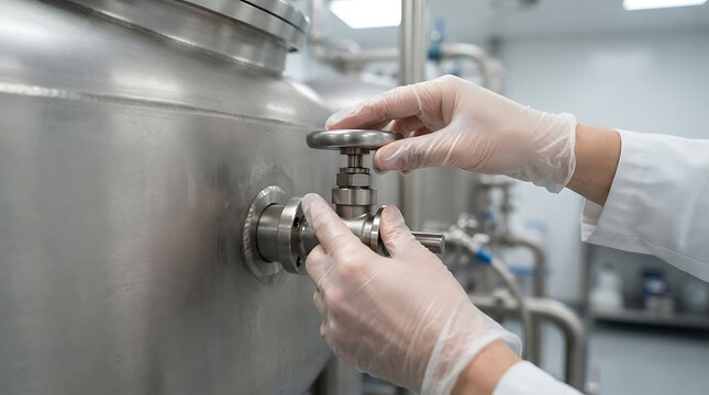 Technician wearing protective gloves adjusting industrial stainless steel valve on large manufacturing tank
