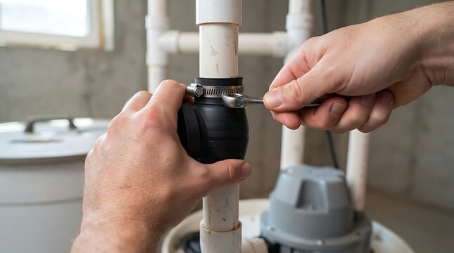 Plumber tightening metal clamp on white pvc pipe with wrench in residential basement utility room