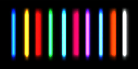 Fototapeta premium Blue neon tube lamp set. Glowing led light line beam collection. Bright luminous fluorescent bar stick lines