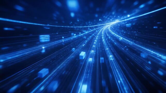 Blue digital data stream with glowing cubes and light trails in motion