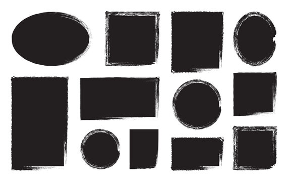 Grunge brush template set with rectangular, square and round shapes. Hand drawn crayon grunge brush rectangle text border. Vector illustration  