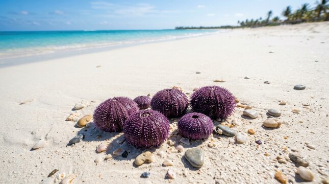 Group of purple sea urchins resting on white sand beach near turquoise ocean water on a sunny tropical island shore