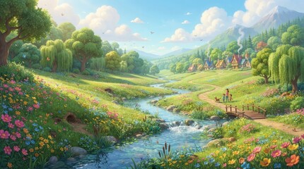 Fototapeta premium A vibrant and idyllic landscape painting depicts a serene valley with a meandering river flowing through lush green meadows. Rolling hills 