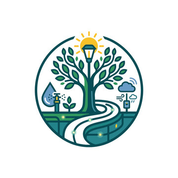 Eco-friendly smart city icon with tree and lamp.