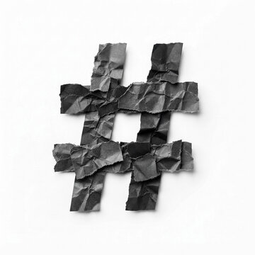 Close-up of crumpled gray paper forming a hashtag symbol against a neutral background, emphasizing texture and contrast under even lighting for a modern, minimalist composition.