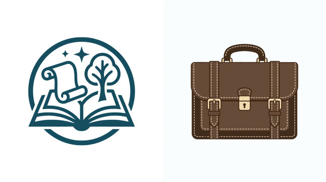 Educational book and tree logo with professional leather briefcase.