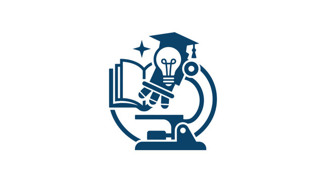 Educational microscope icon with lightbulb and graduation cap.