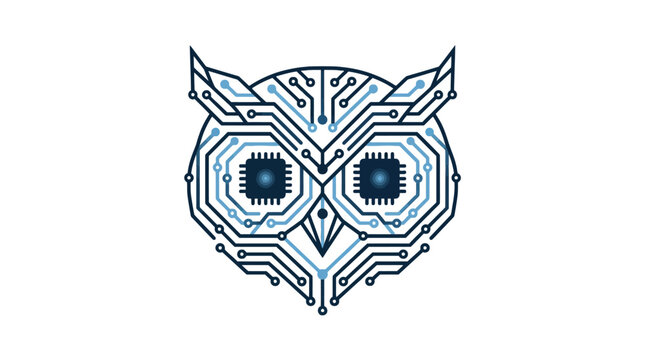Electronic owl head formed from circuit board traces.