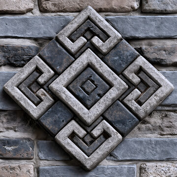 Song Dynasty Traditional Geometric Pattern Aesthetic, Grey Brick Fret Thunder Lozenge Relief, Symmetrical Regular Texture, Commercial Pattern Design Material