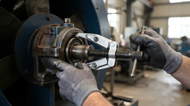 Industrial mechanic using a bearing puller tool to remove components from heavy machinery parts