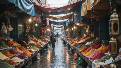 Naklejka premium Vibrant outdoor market with colorful textile stalls and shoppers under canopy