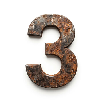 Close-up of weathered, rusted metal number three against plain white backdrop, showcasing texture and aging effects under even studio lighting.