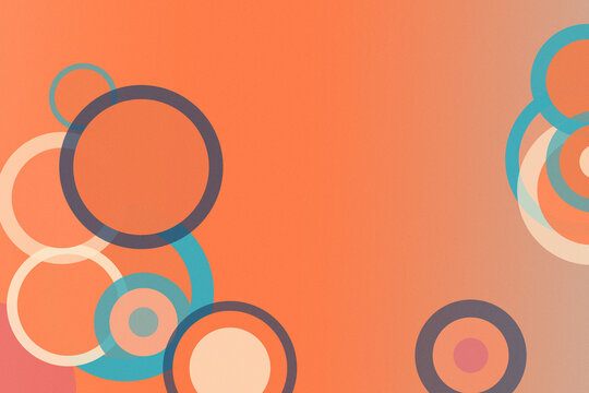 Colorful abstract circle rings and shapes float on a warm coral background, creating a modern playful mood for branding, posters, and design layouts with copy space.