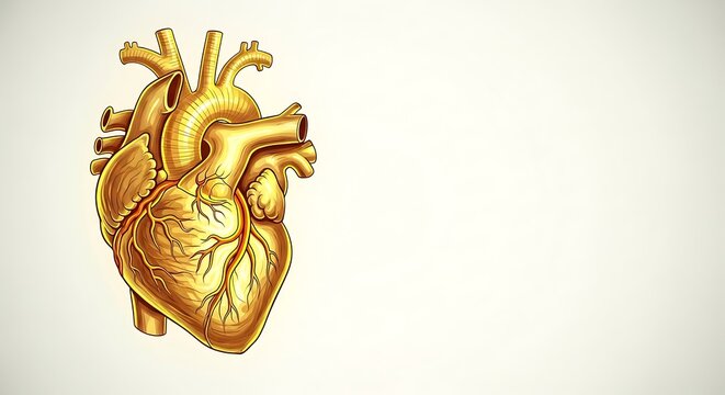 Detailed anatomical illustration of a golden heart, with intricate veins, set against a light background