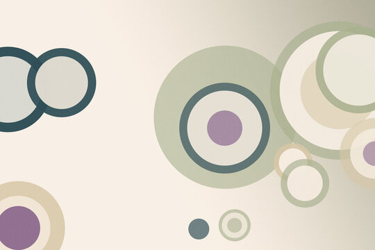 Pastel abstract circles and ring shapes float across a soft beige background, creating a calm, modern design backdrop with subtle copy space for ads.