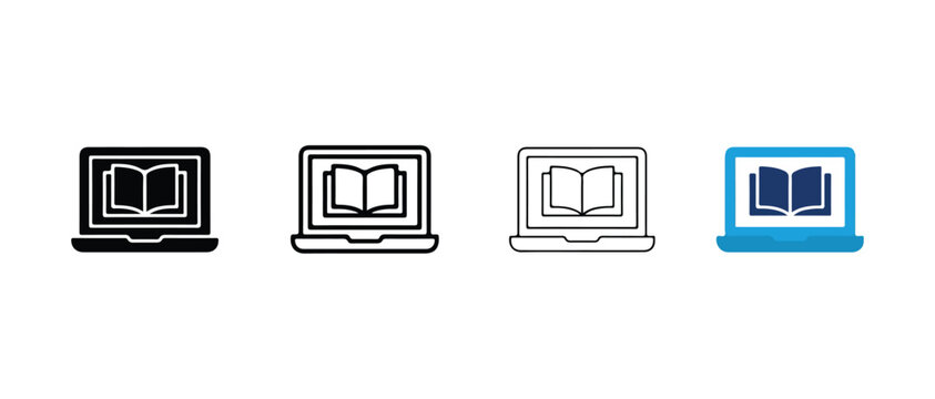 laptop icons with open book displays representing digital reading and elearning concepts