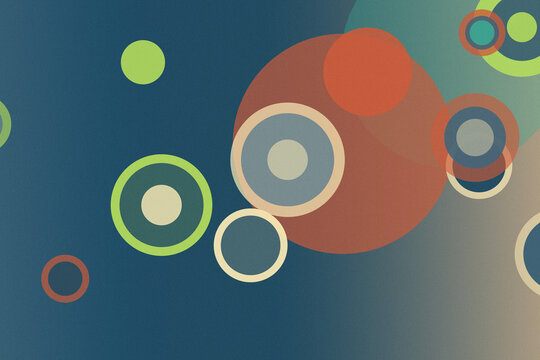 Abstract design with layered circles and playful geometric shapes in vibrant colors on a blue background, ideal for modern tech or educational layouts with copy space.
