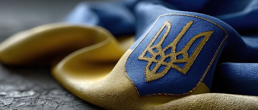 Close up view of Ukrainian flag showing blue and yellow design with trident symbol and soft folds in fabric reflecting light in natural setting