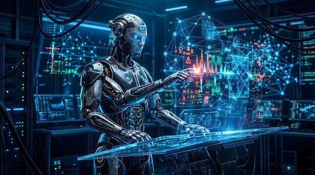 Futuristic robot working on digital interface in dark lab