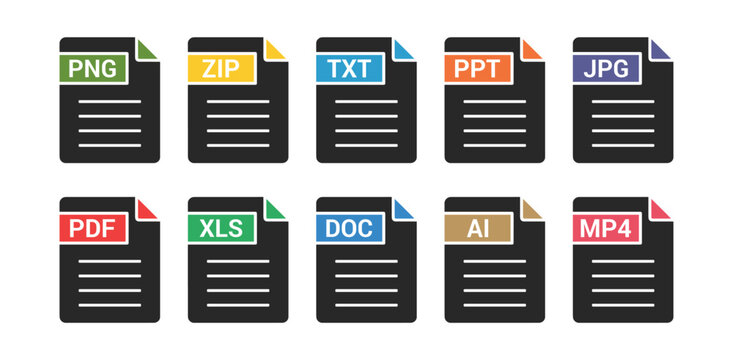Solid file format icon set with vector document icons for PNG ZIP TXT PPT JPG PDF XLS DOC AI and MP4