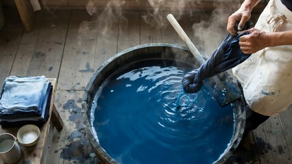 Obraz premium Traditional Indigo Dyeing Process with Hands-on Indigo Vat and Wooden Floor