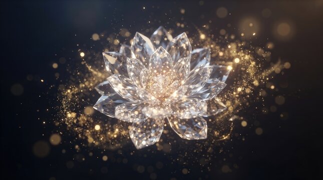 A radiant, crystalline lotus flower emerges from a dark, shimmering background. The flower is constructed of facets of clear crystal, reflecting light 