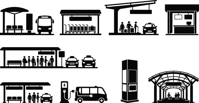 Public transportation and terminal icon set featuring bus stops taxi stands electric vehicle charging and commuters
